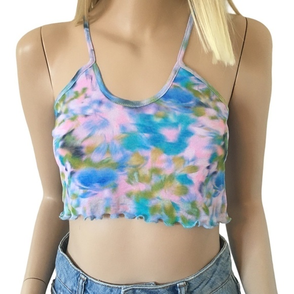 Topshop Criss cross back Abstract Floral Summer Boho Top Halter Cropped Tank - Picture 11 of 13